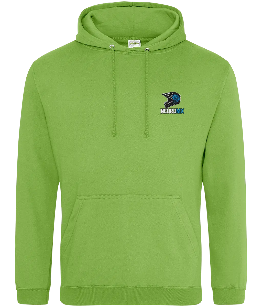 Green motocross hoodie with helmet and brain graphic, NEUROMX logo on chest.