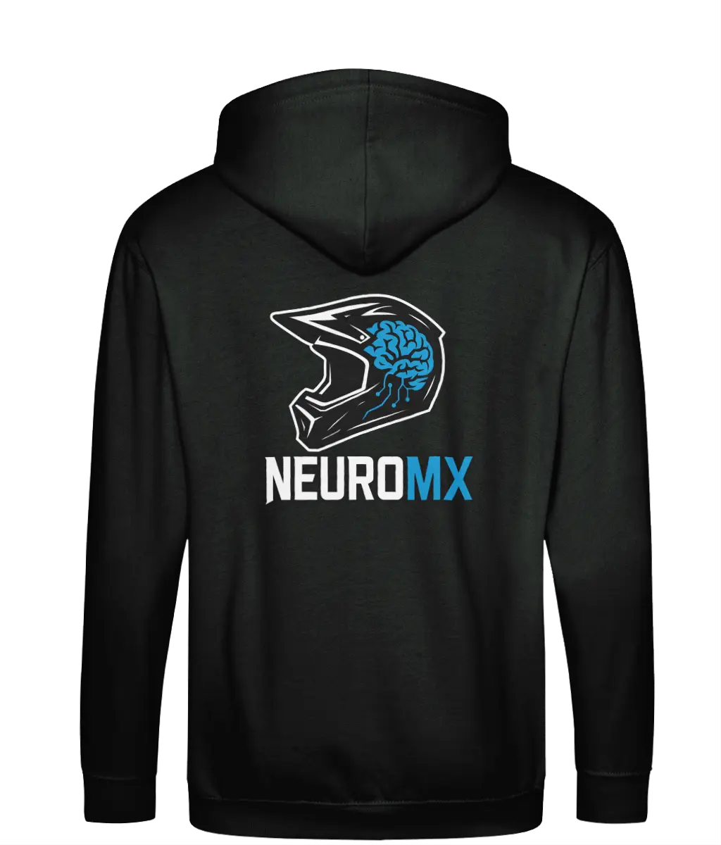 Black hoodie with motocross helmet and brain graphic, NEUROMX logo on the back