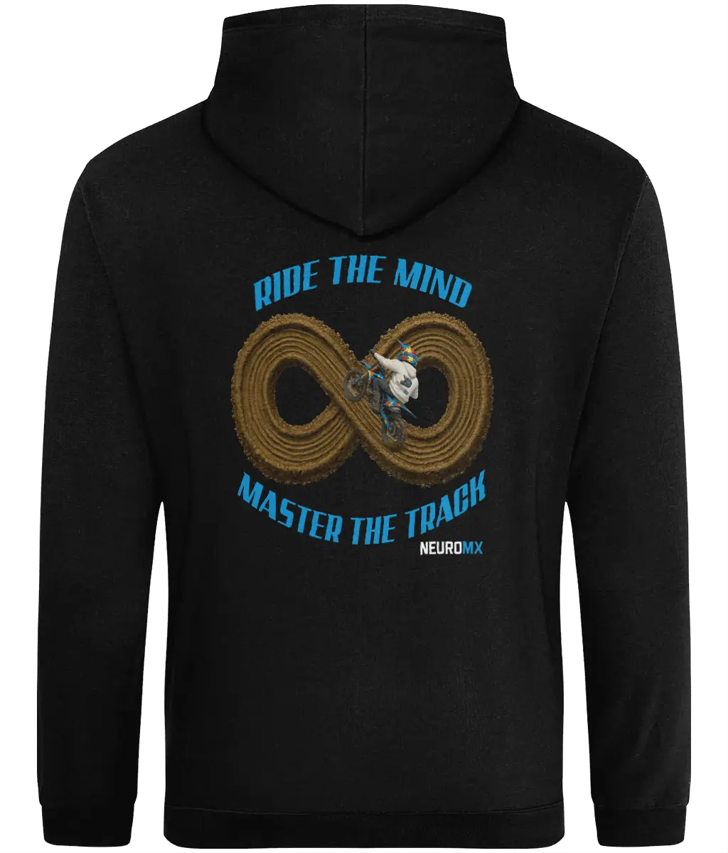 Black hoodie with motocross rider on infinity dirt track, blue text Ride the Mind Master the Track