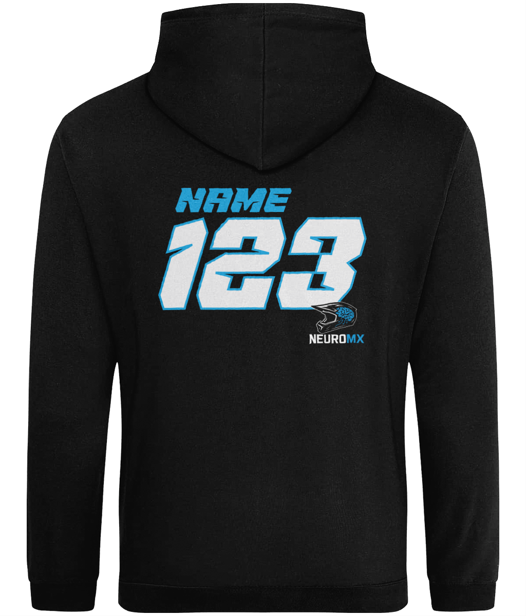 Black motocross hoodie with bold blue and white number 123 and NAME on the back