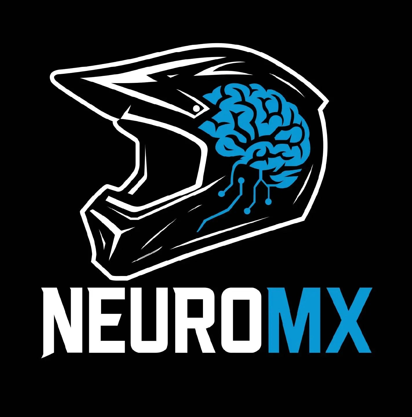 Motocross helmet graphic with blue brain and circuit design, NEUROMX text, black background