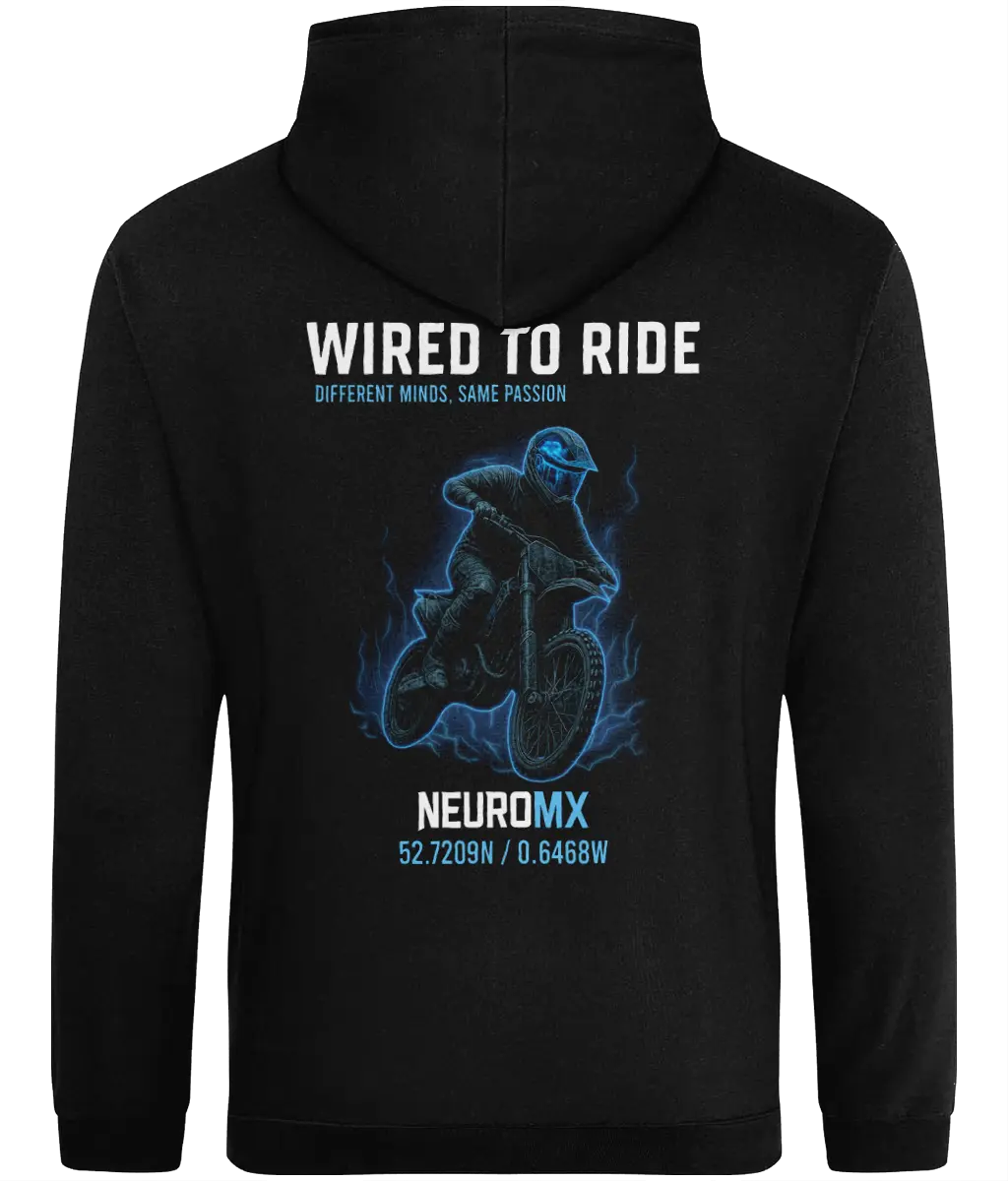 Black motocross hoodie with 'Wired to Ride' slogan and blue neon rider graphic on back