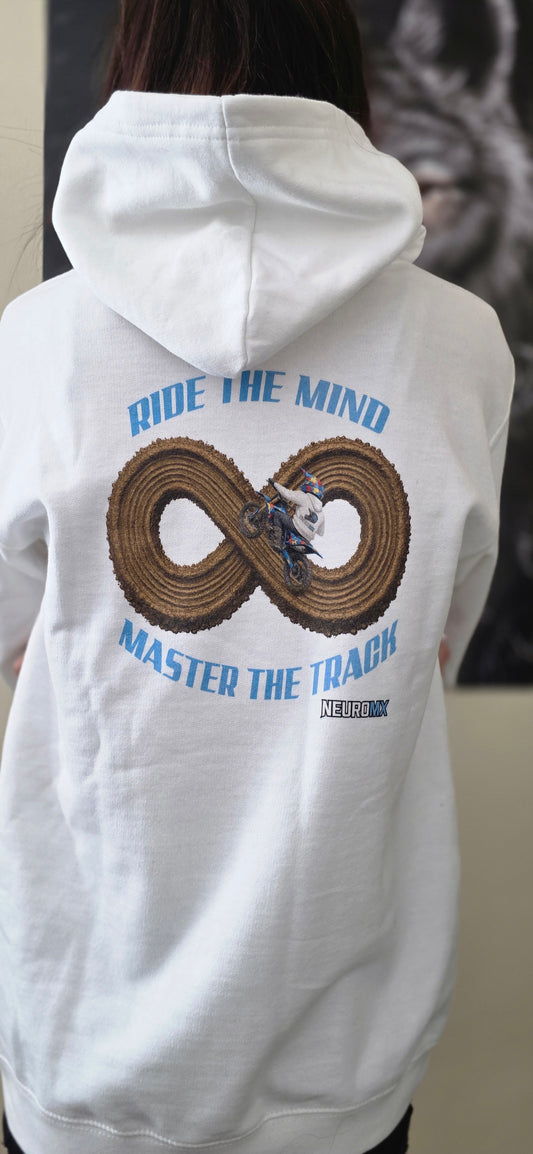 White hoodie with motocross rider and infinity track graphic, blue text, neurodiversity theme