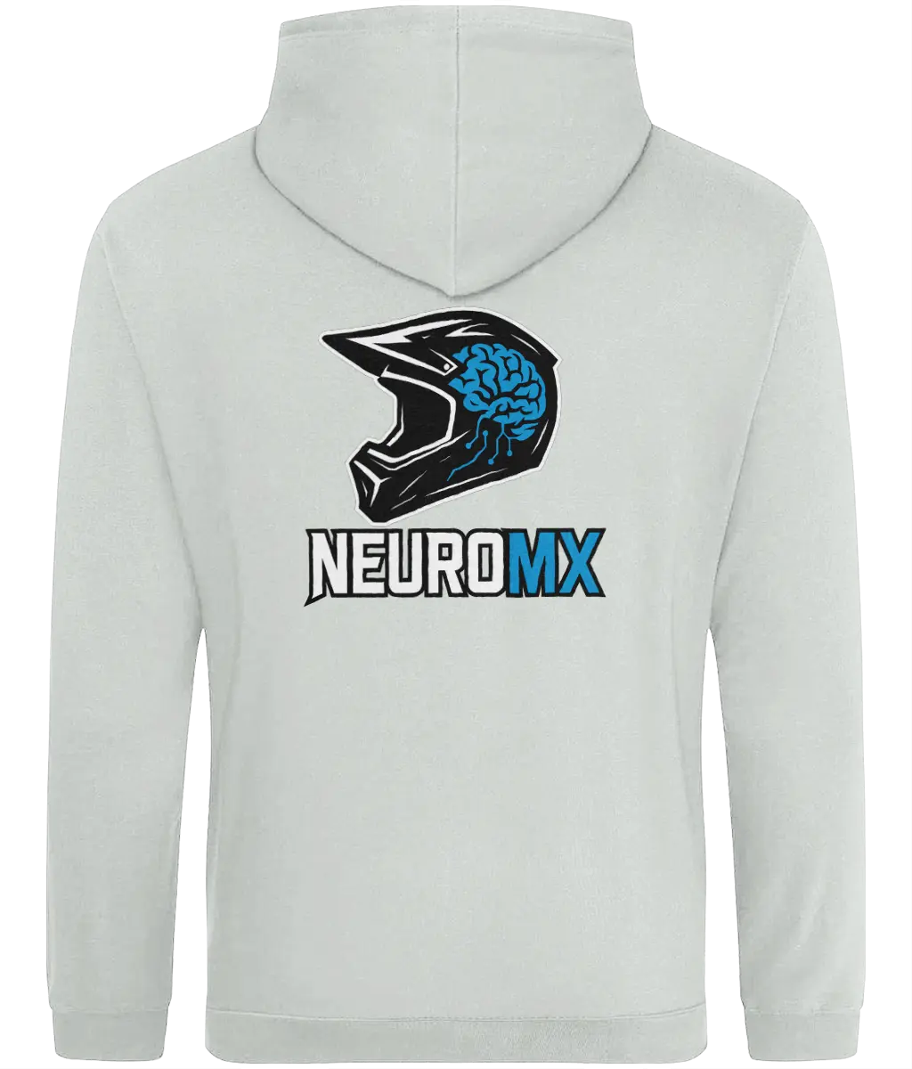 Back of light gray hoodie with motocross helmet and brain graphic, NEUROMX text.