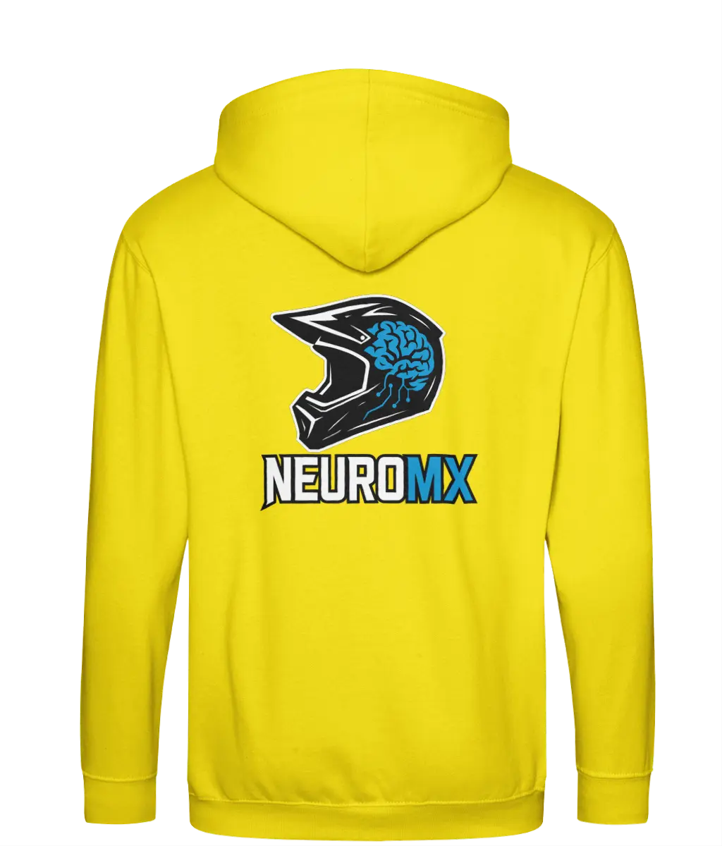 Yellow hoodie with motocross helmet and brain graphic, NEUROMX text on back