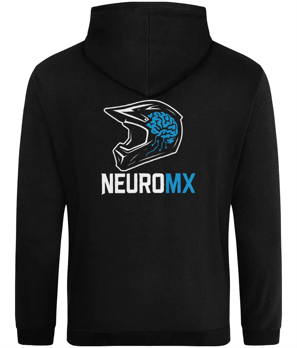 Black hoodie featuring motocross helmet graphic with brain motif and NEUROMX text on back