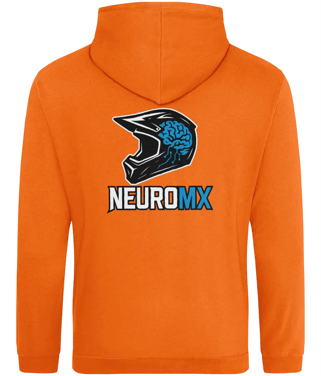 Orange hoodie with motocross helmet and brain graphic, NEUROMX text on the back.