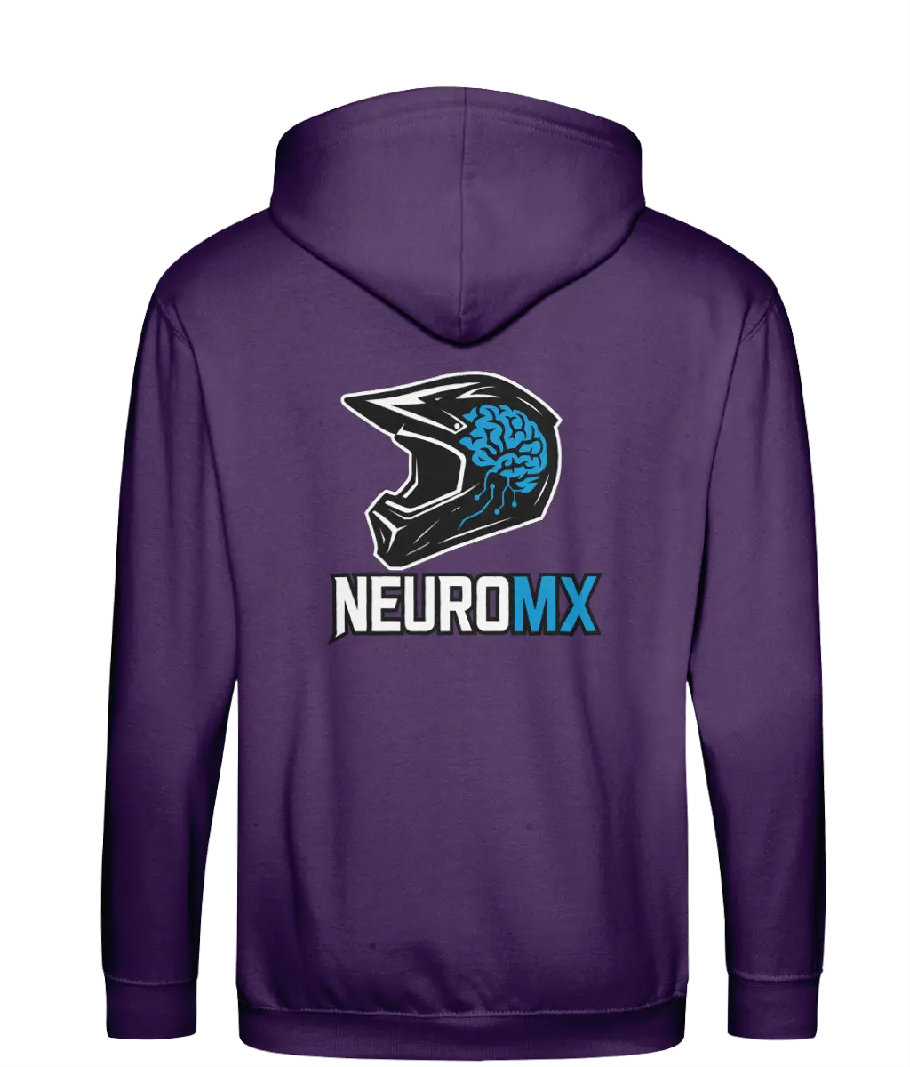 Purple hoodie with motocross helmet and brain graphic, NEUROMX text on back