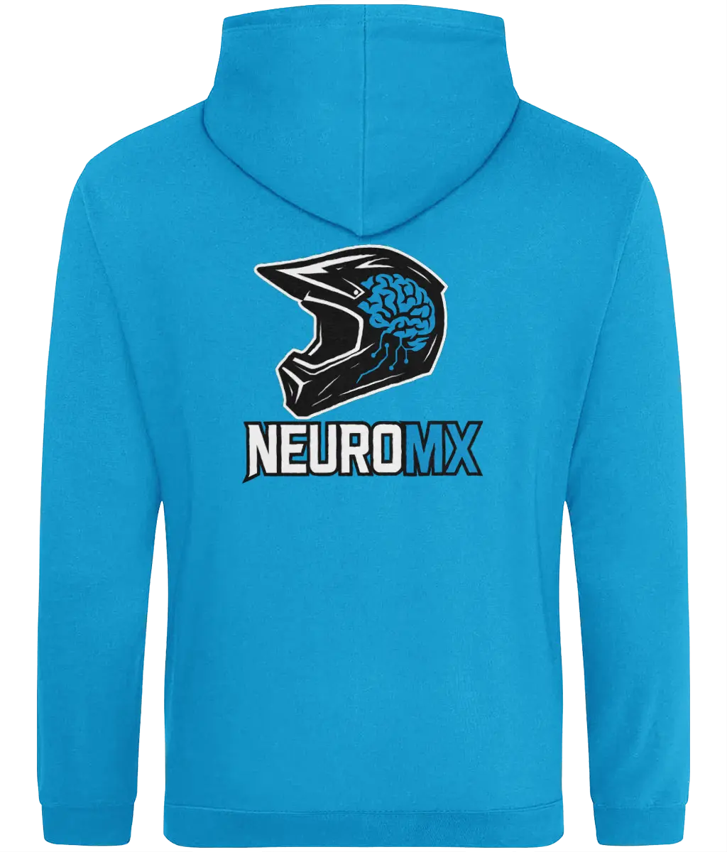 Blue hoodie featuring motocross helmet with brain graphic and NEUROMX text on the back