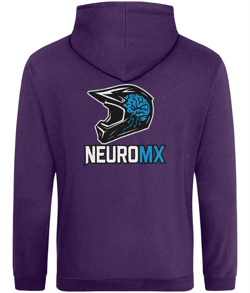 Purple hoodie with motocross helmet and brain graphic, NEUROMX text on the back