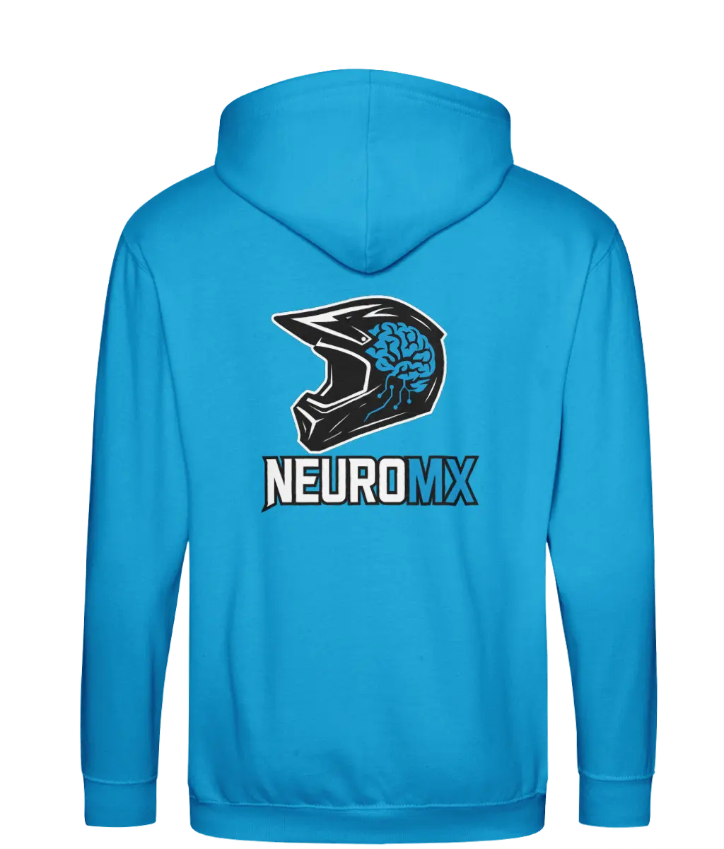 Blue hoodie with motocross helmet and brain graphic, NEUROMX text on back