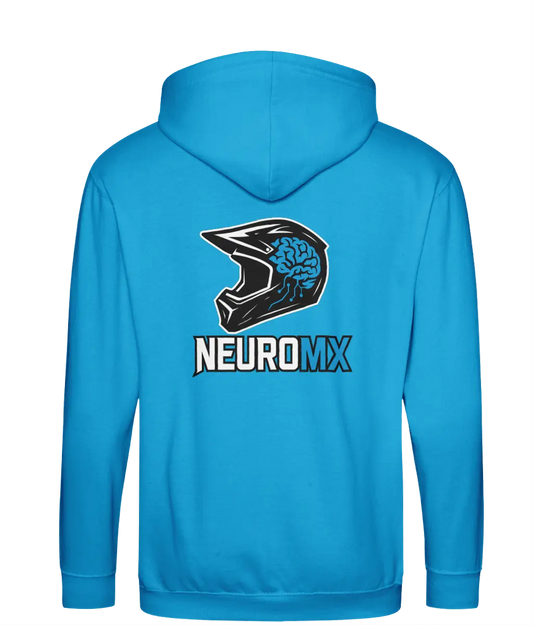Blue hoodie with motocross helmet and brain graphic, NEUROMX text on back