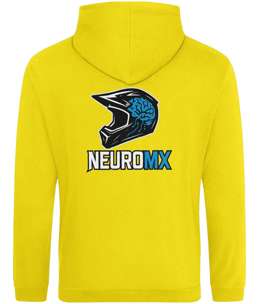 Yellow motocross hoodie with helmet and brain graphic, NEUROMX text on back