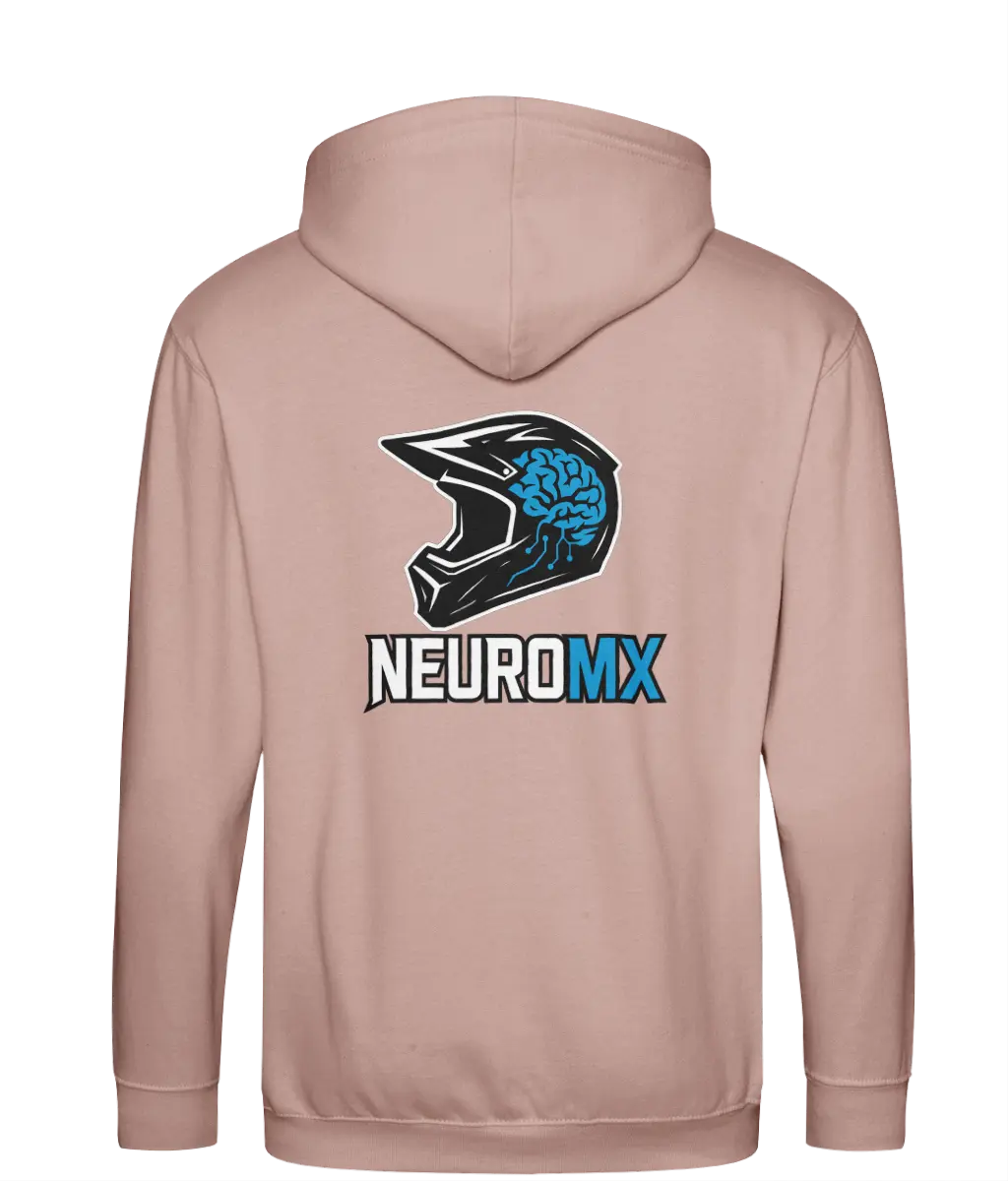Beige hoodie featuring motocross helmet with blue brain graphic and NEUROMX text on back