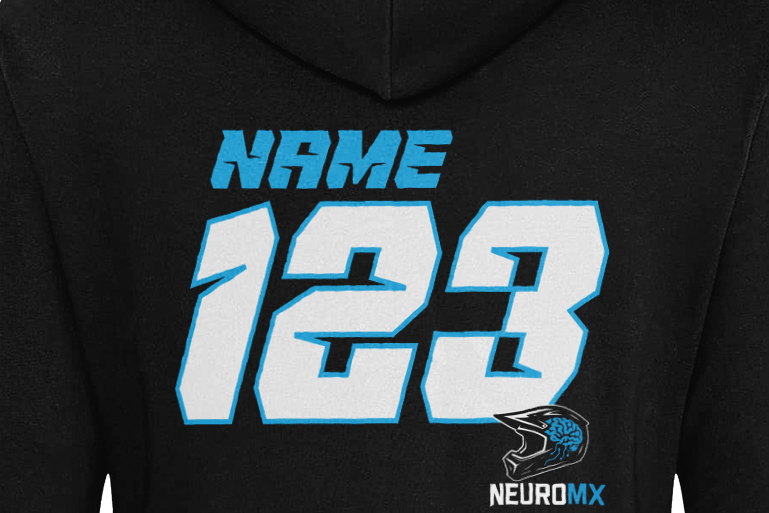 Back of black hoodie with bold motocross number 123, placeholder name, and helmet graphic