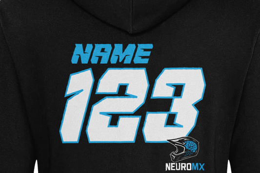 Back of black hoodie with bold motocross number 123, placeholder name, and helmet graphic