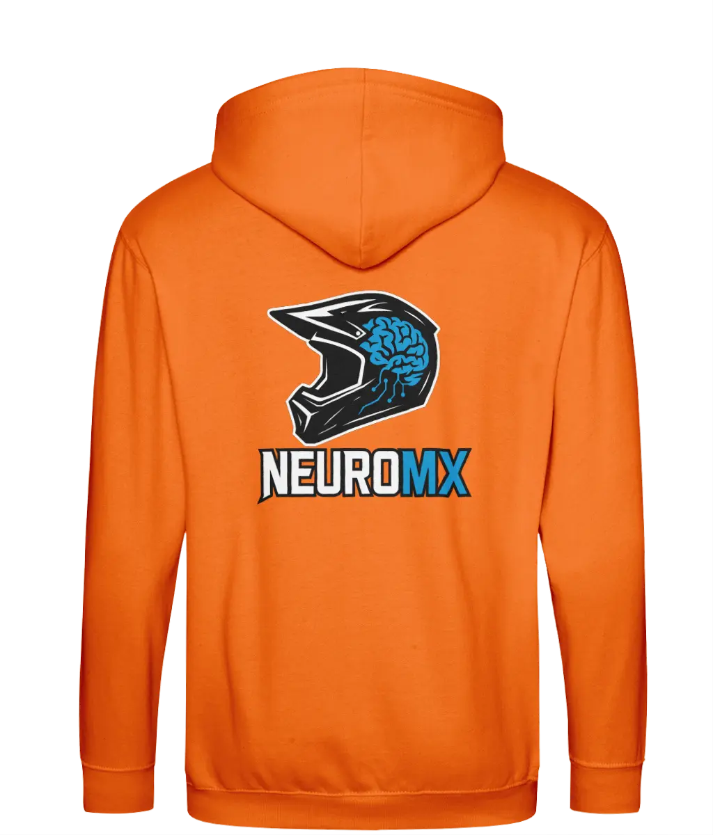 Orange hoodie with motocross helmet and blue brain graphic, NEUROMX text on back