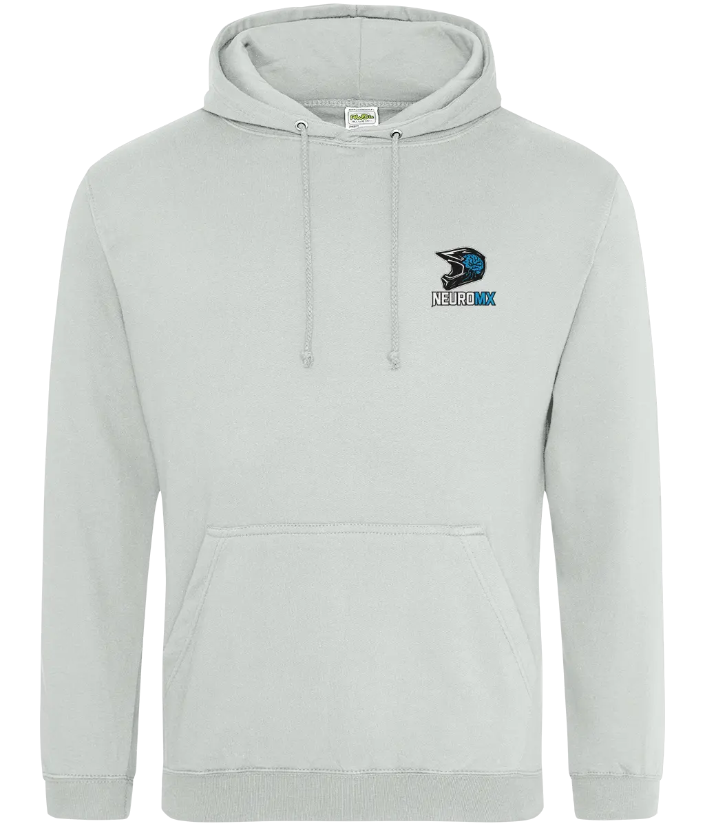 Light grey motocross hoodie with helmet and blue brain logo on chest