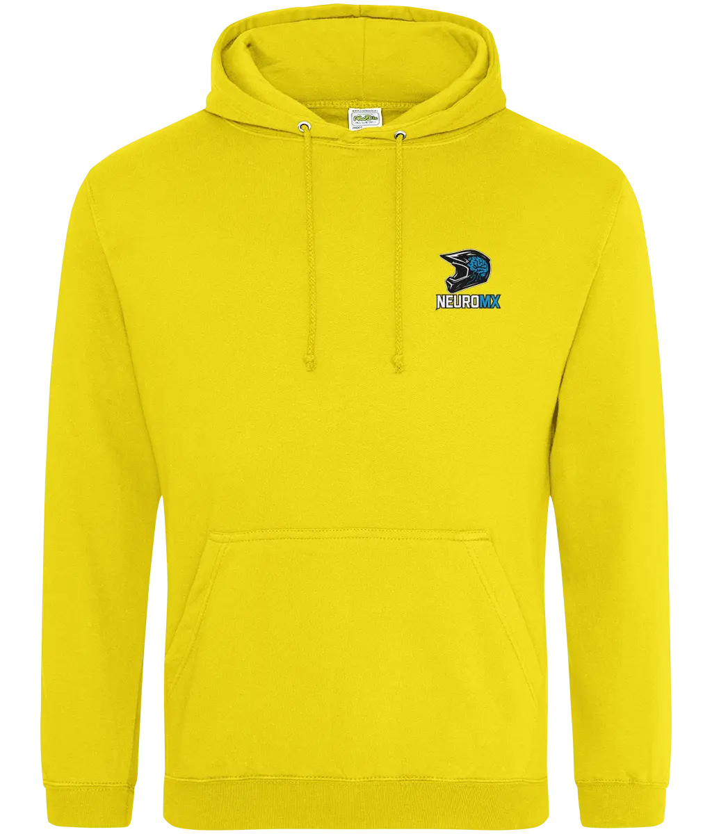 Bright yellow motocross hoodie with helmet logo and front pouch pocket, promotes neurodiversity.