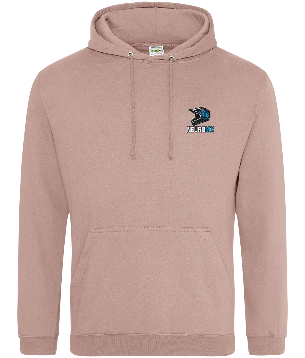 Light pink motocross hoodie with brain helmet logo and NEUROMX lettering on front