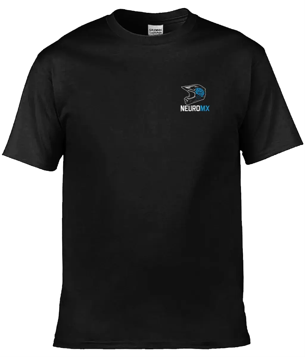 Black motocross t-shirt with helmet and blue brain logo, NEUROMX text on chest