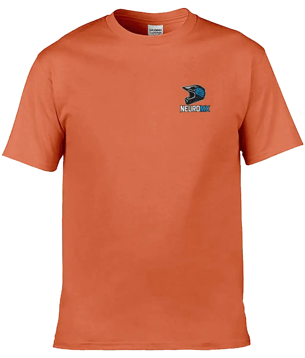 Orange motocross t-shirt with helmet and NeuroMX logo on chest, casual apparel
