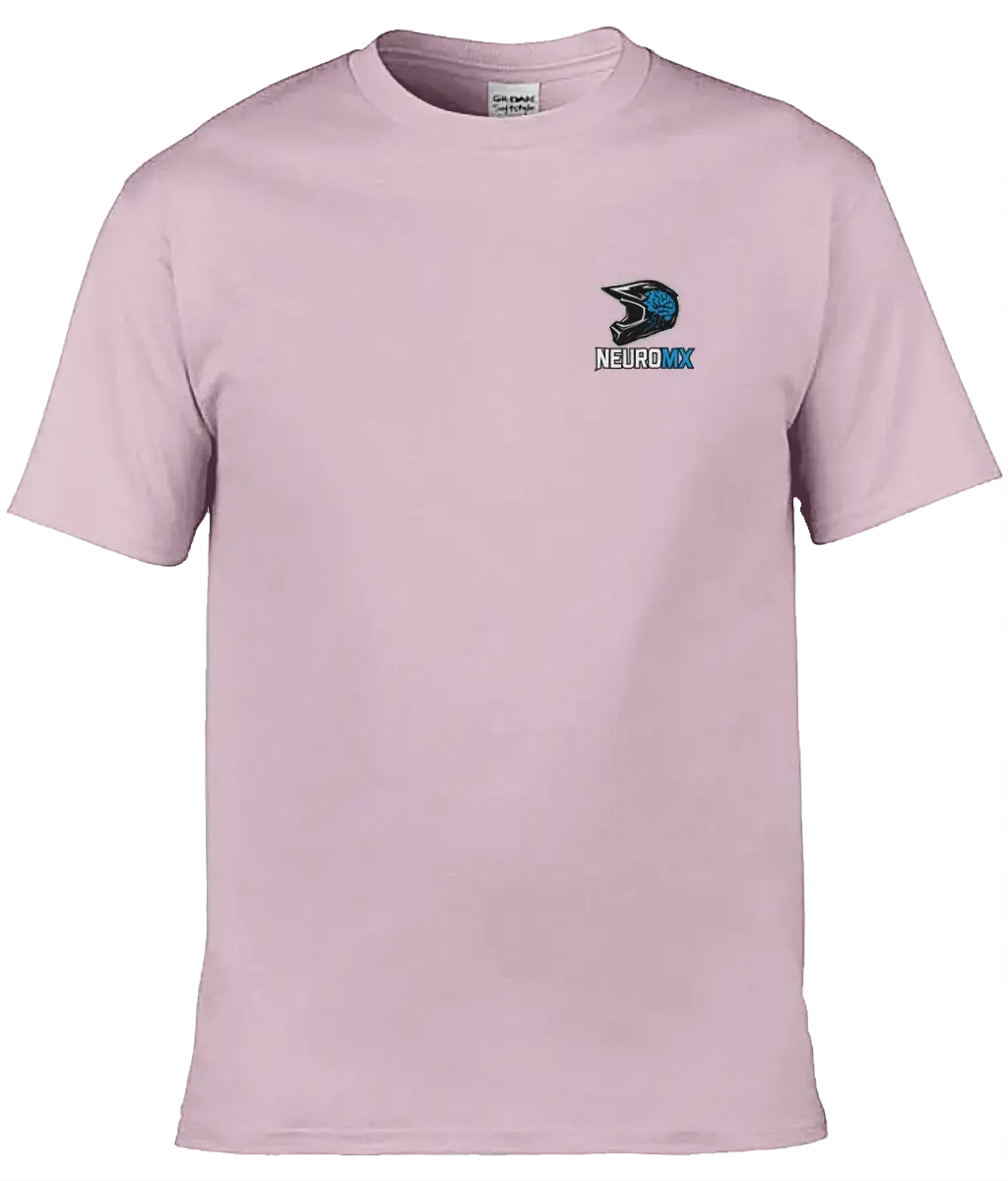 Light pink motocross t-shirt with a helmet and neuron logo on chest, NEUROMX text visible