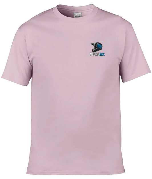 Light pink motocross t-shirt with a helmet and neuron logo on chest, NEUROMX text visible