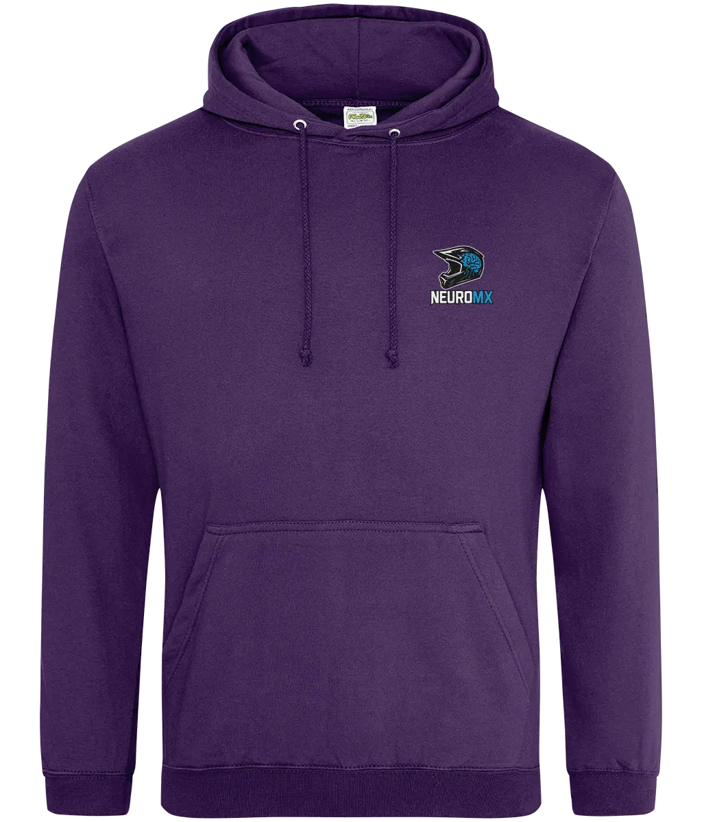 Purple motocross hoodie with small helmet and brain logo, front chest embroidery, kangaroo pocket