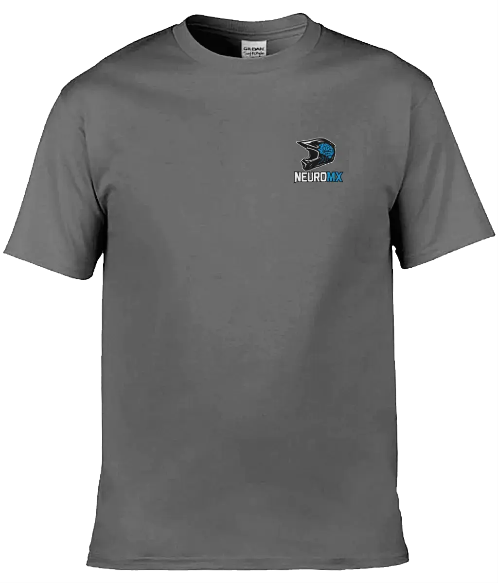 Gray motocross t-shirt with blue helmet and brain logo, NeuroMX text on chest