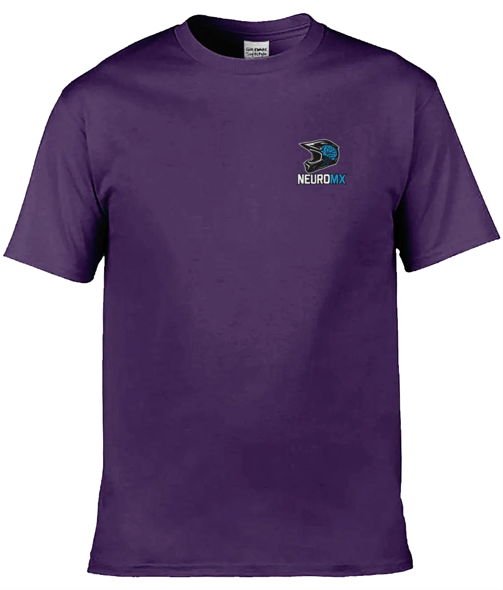 Purple motocross t-shirt with helmet and brain logo and NEUROMX text on chest