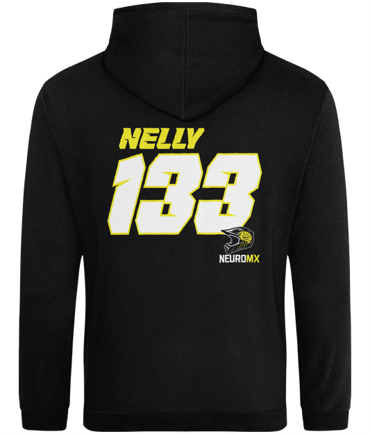 Black motocross hoodie with yellow 'NELLY 133' and NEUROMX logo on back