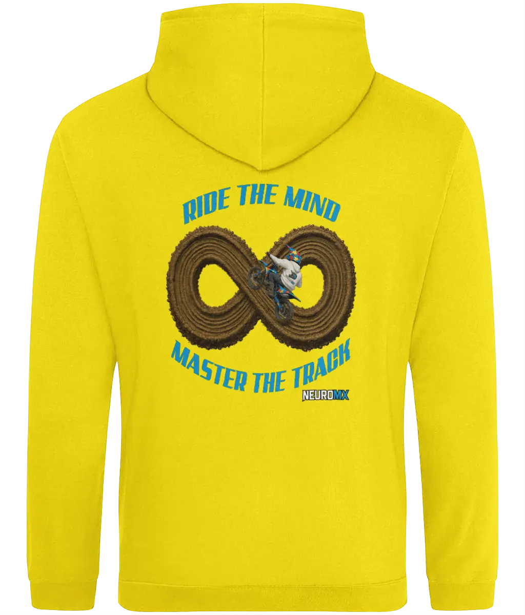 Yellow motocross hoodie with infinity track, rider, and 'Ride the Mind, Master the Track' text.