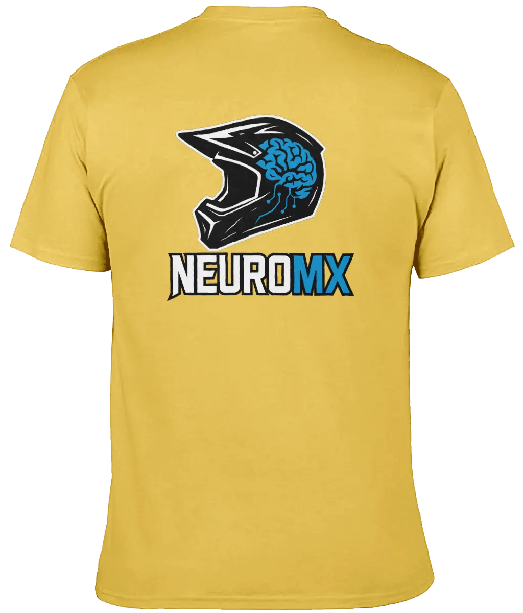 Yellow motocross t-shirt with helmet and brain graphic, NEUROMX logo on back