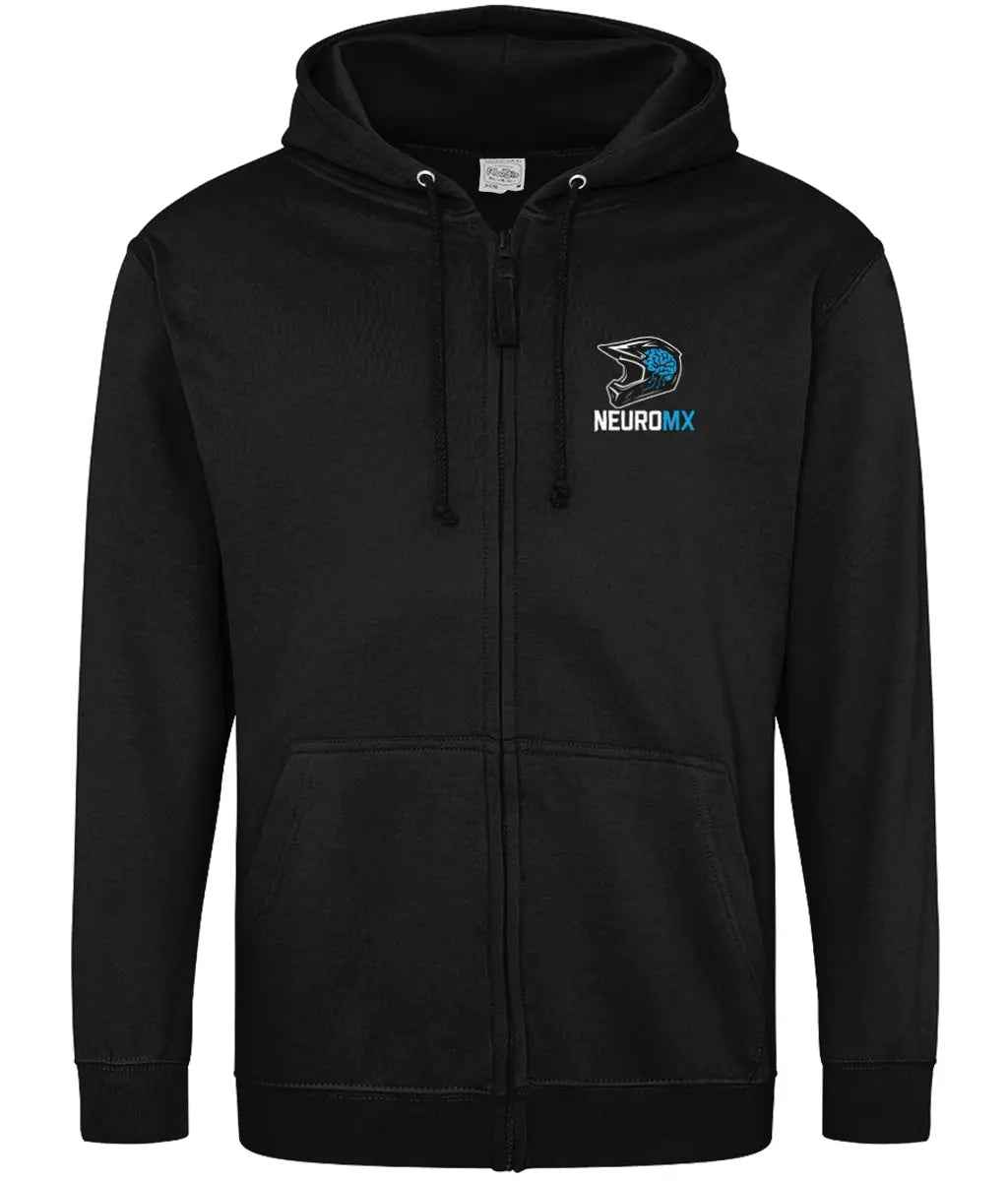 Black zip-up hoodie with motocross helmet and NEUROMX logo, front view
