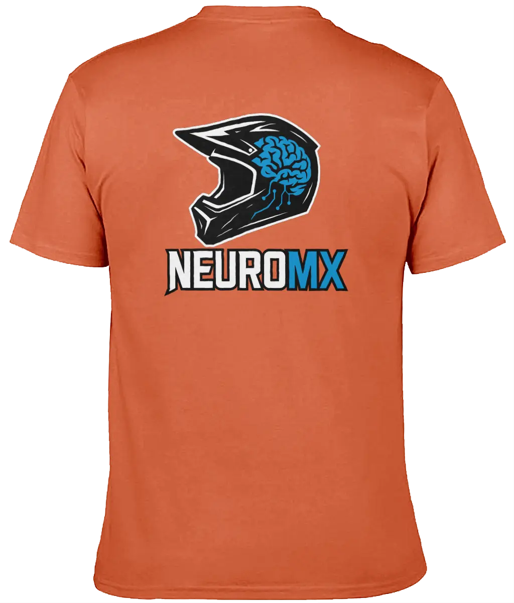 Orange motocross T-shirt with helmet and brain graphic and NEUROMX text on the back.