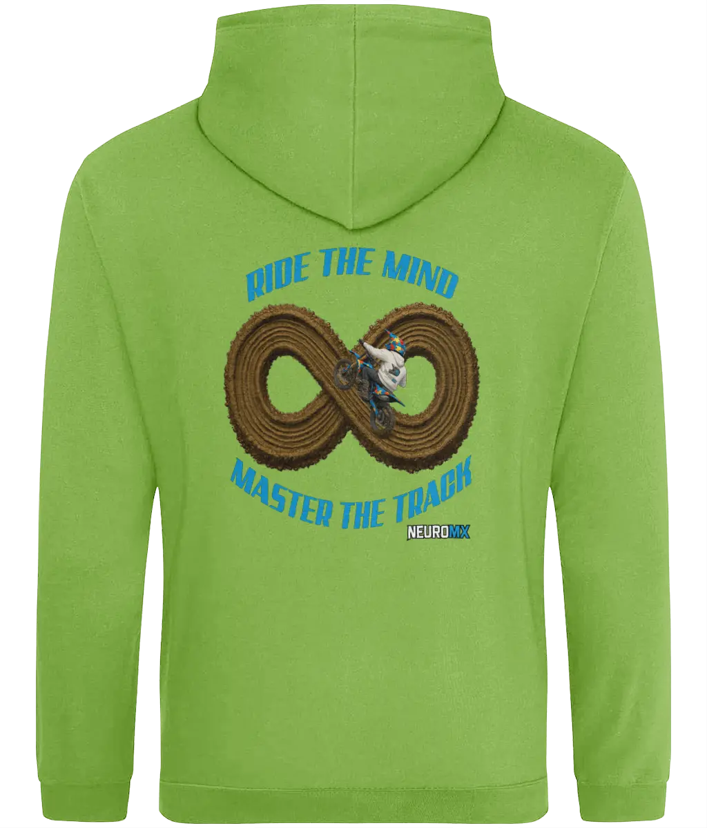 Green motocross hoodie featuring infinity track, dirt bike rider, and 'Ride the Mind, Master the Track' slogan.