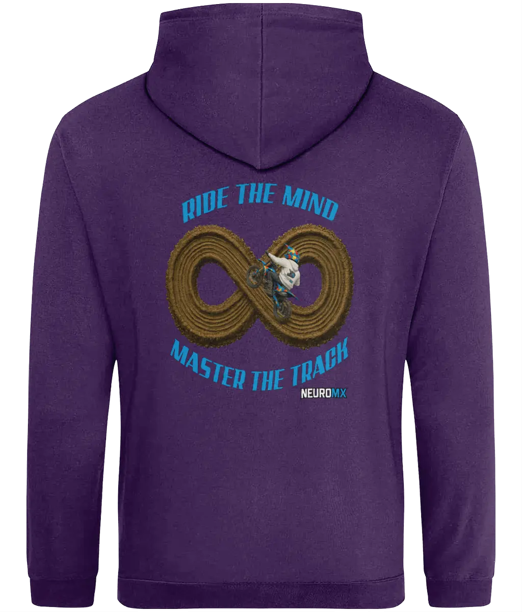 Purple hoodie featuring motocross rider on infinity track, blue 'Ride the Mind Master the Track' text.