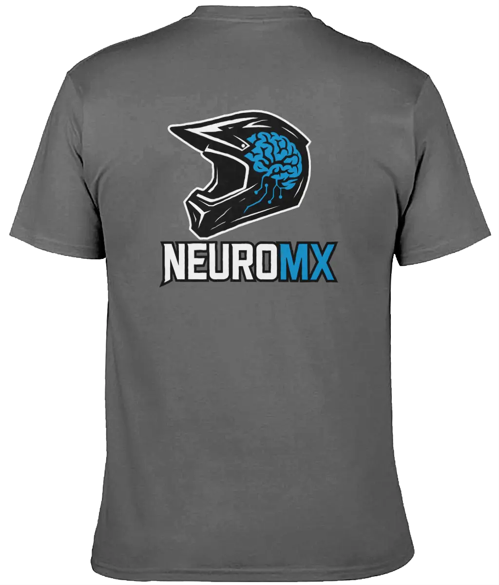 Gray t-shirt with motocross helmet and brain graphic, NEUROMX text on back