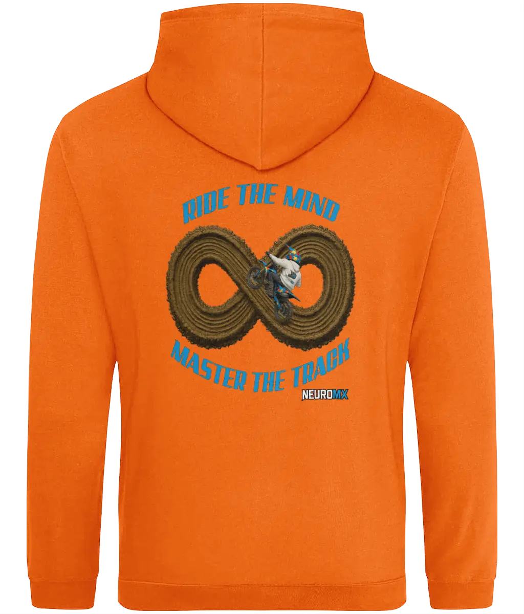 Orange motocross hoodie with infinity dirt track, biker, and 'Ride the Mind Master the Track' slogan.