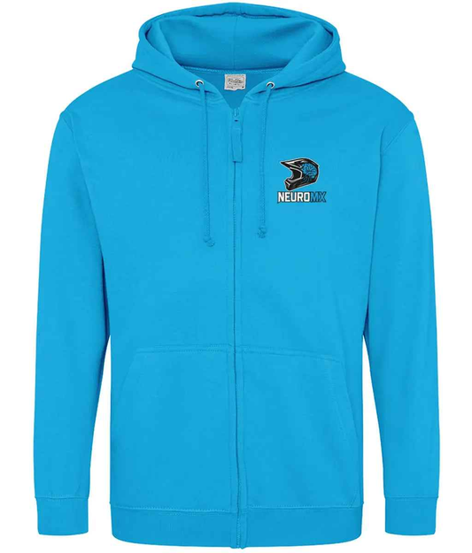 Blue zip-up hoodie with motocross helmet and NEUROMX logo on left chest