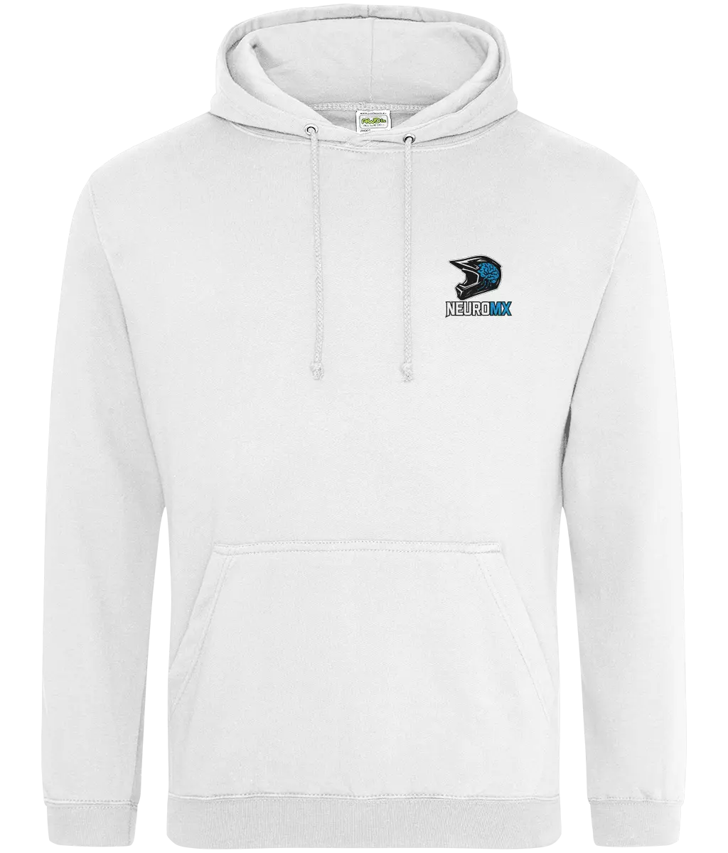White motocross hoodie with helmet and NEUROMX logo, front pocket, drawstrings visible