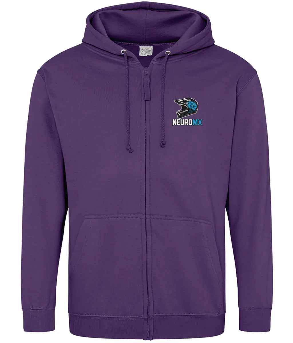 Purple motocross zip-up hoodie with helmet and brain graphic, NEUROMX text logo on chest