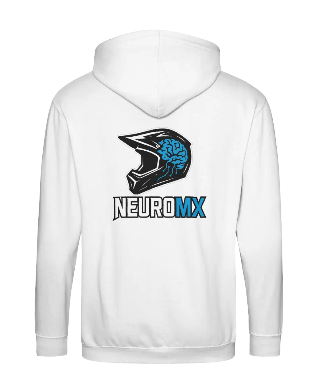 White hoodie with motocross helmet and blue brain graphic, NEUROMX text on back.
