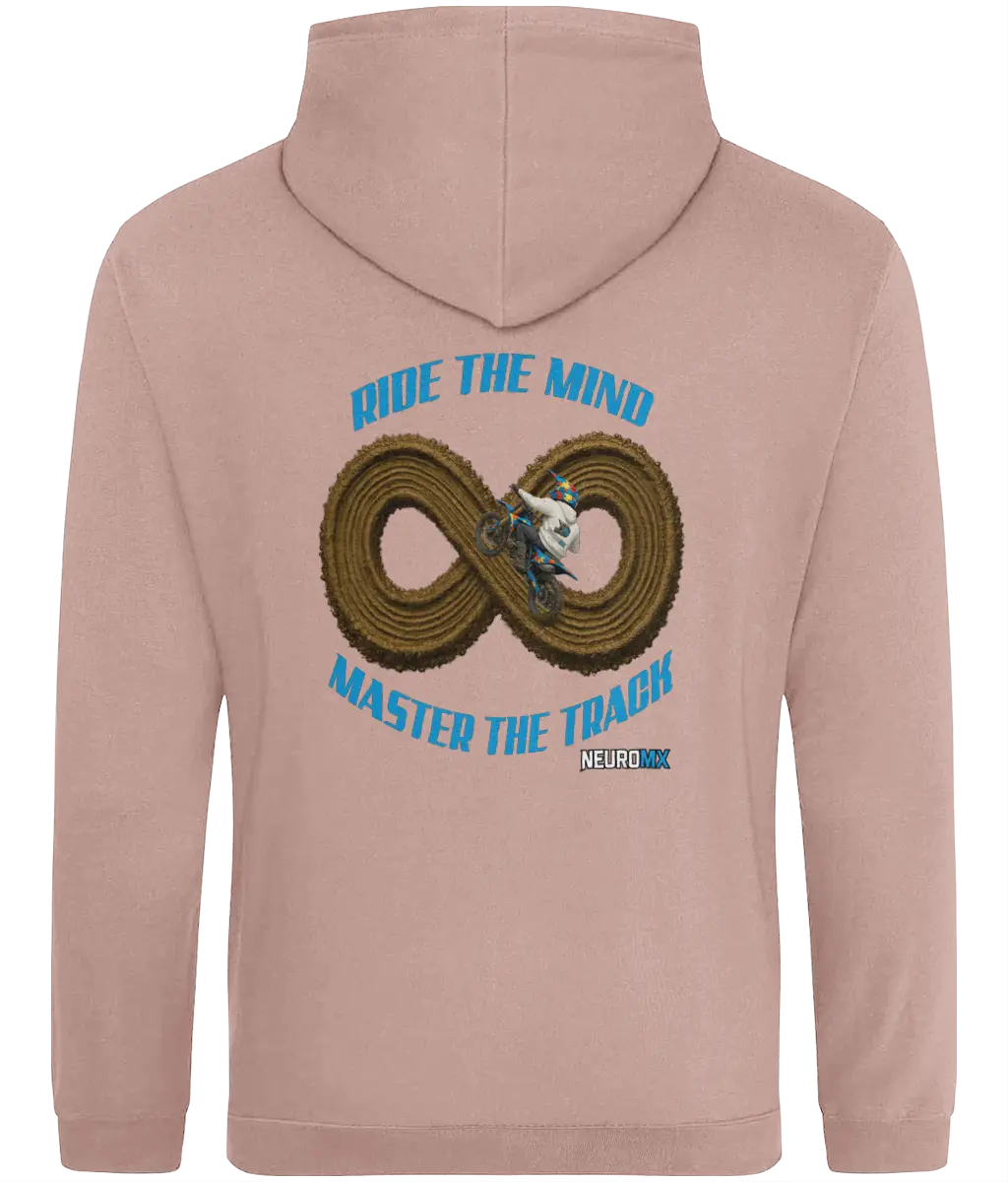 Pink hoodie with motocross rider on an infinity dirt track, blue text and NeuroMX logo on back