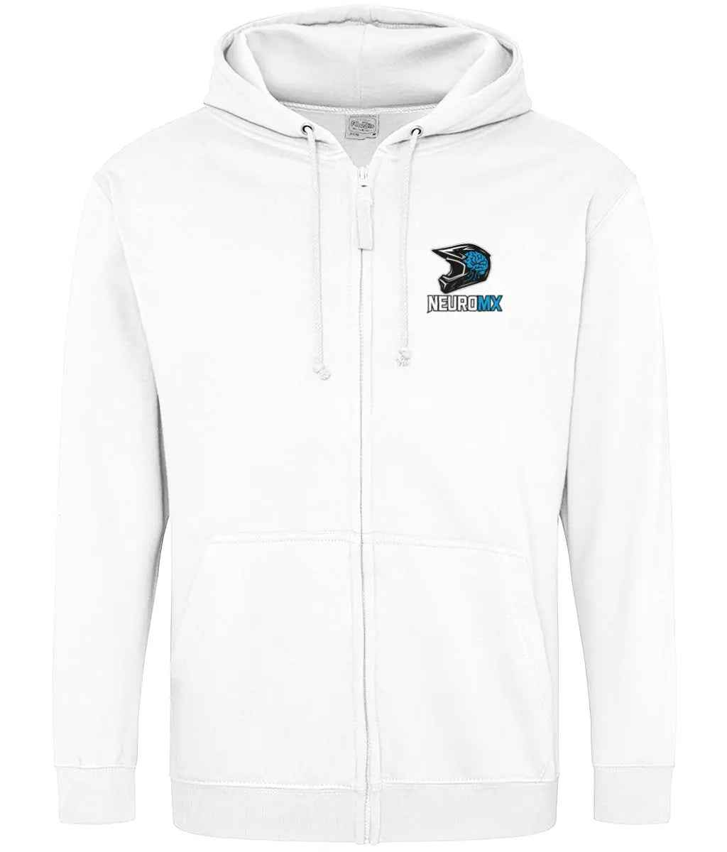 White zip-up hoodie with motocross helmet and NeuroMX logo on chest