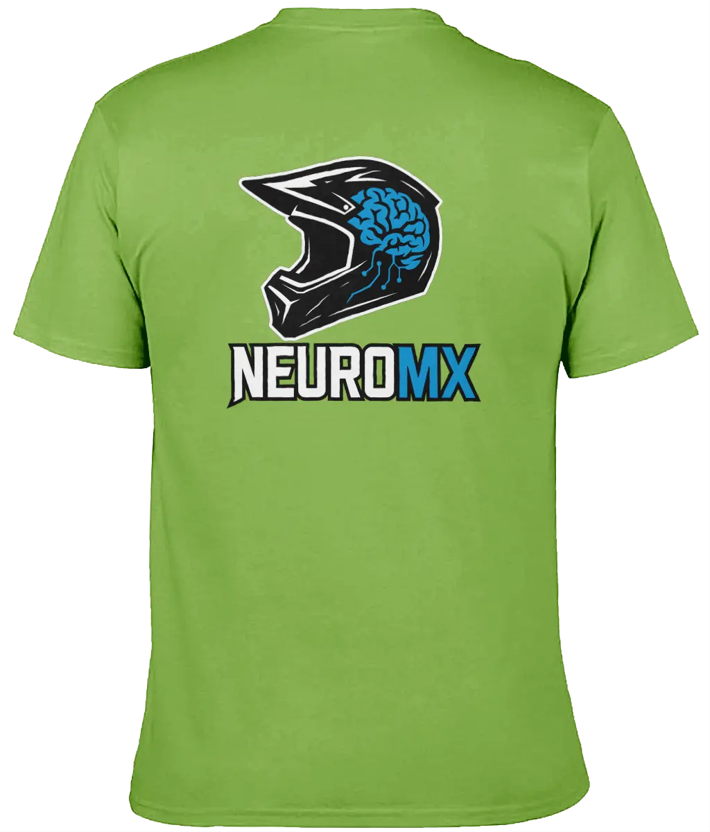 Green motocross t-shirt with helmet and blue brain graphic, NEUROMX text on back