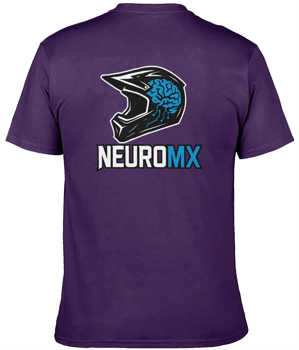 Purple motocross t-shirt with NeuroMX helmet and brain logo on the back