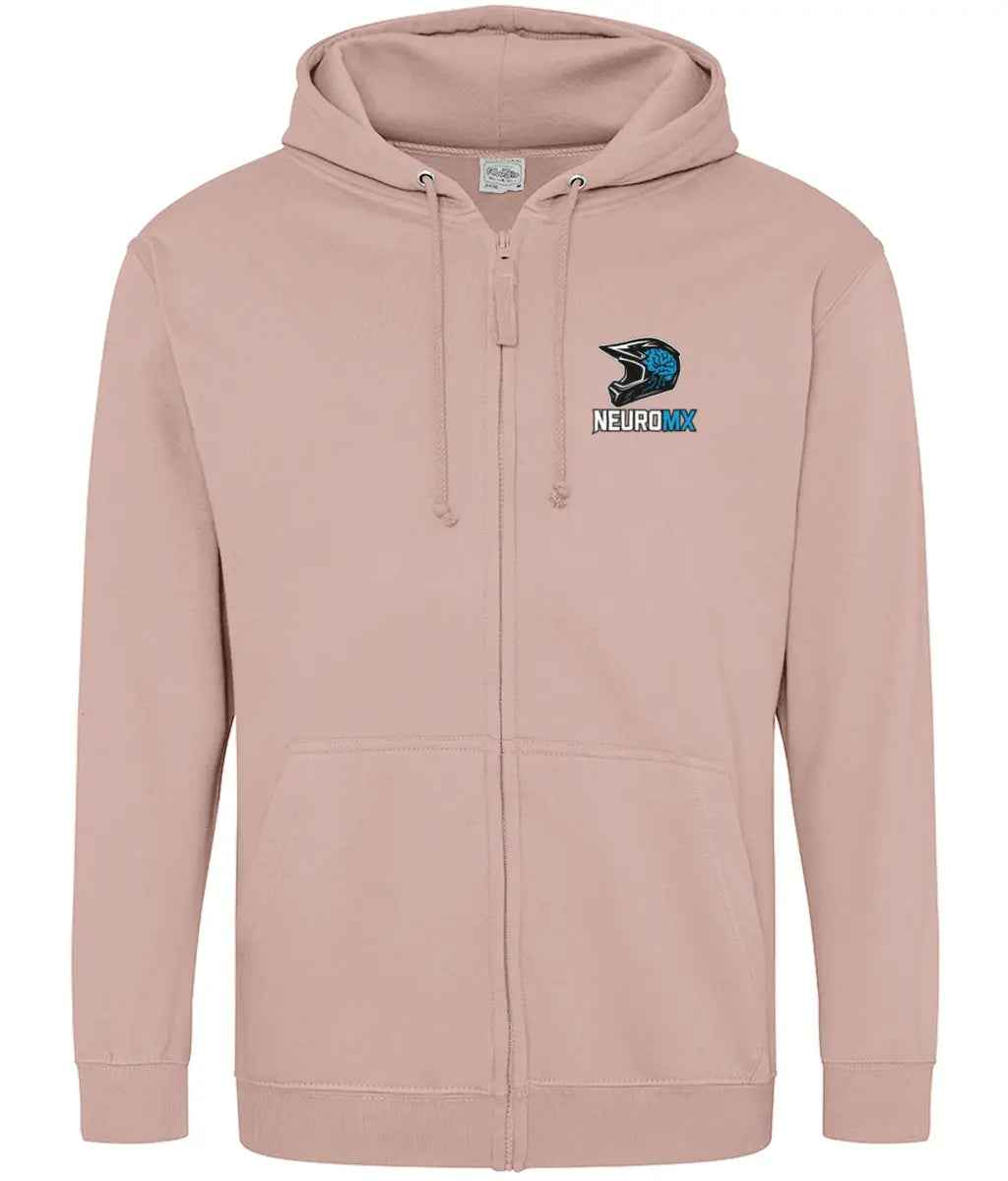 Beige motocross hoodie with front zipper, blue and black helmet logo, NEUROMX text