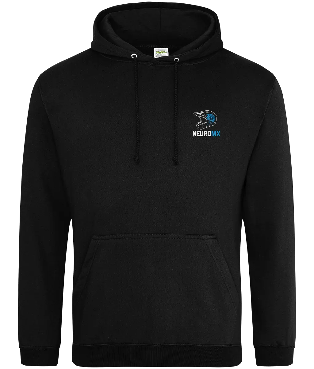 Black motocross hoodie with blue helmet graphic and NEUROMX text, front chest design